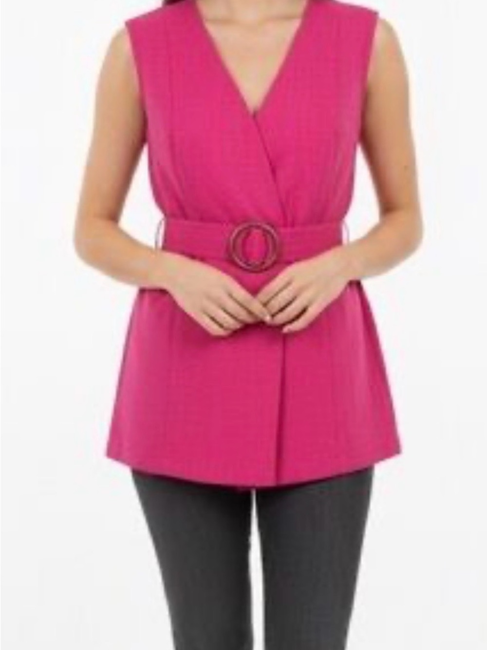 Cable & Gauge Sleeveless V-Neck Belted Tunic in Fuchsia Pink XL